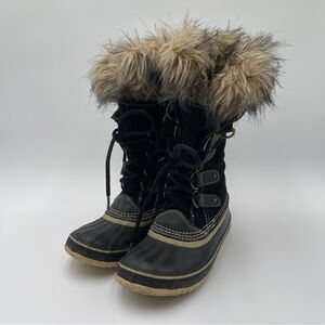Sorel Women’s Joan of Arctic Black Suede Faux Fur Waterproof Winter Boots Size 7